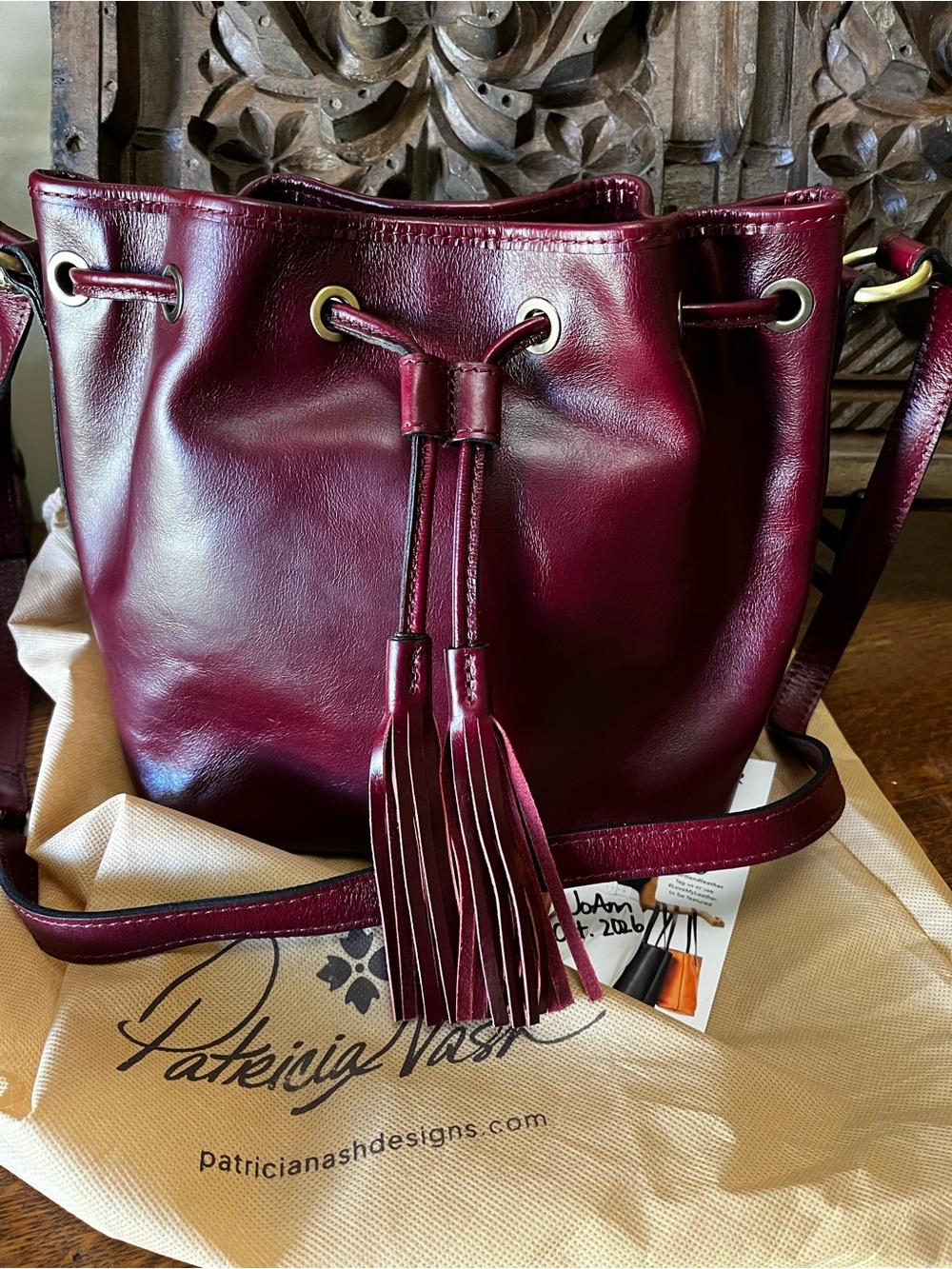 Patricia Nash Wine Burgundy Leather Drawstring Shoulder Bag
